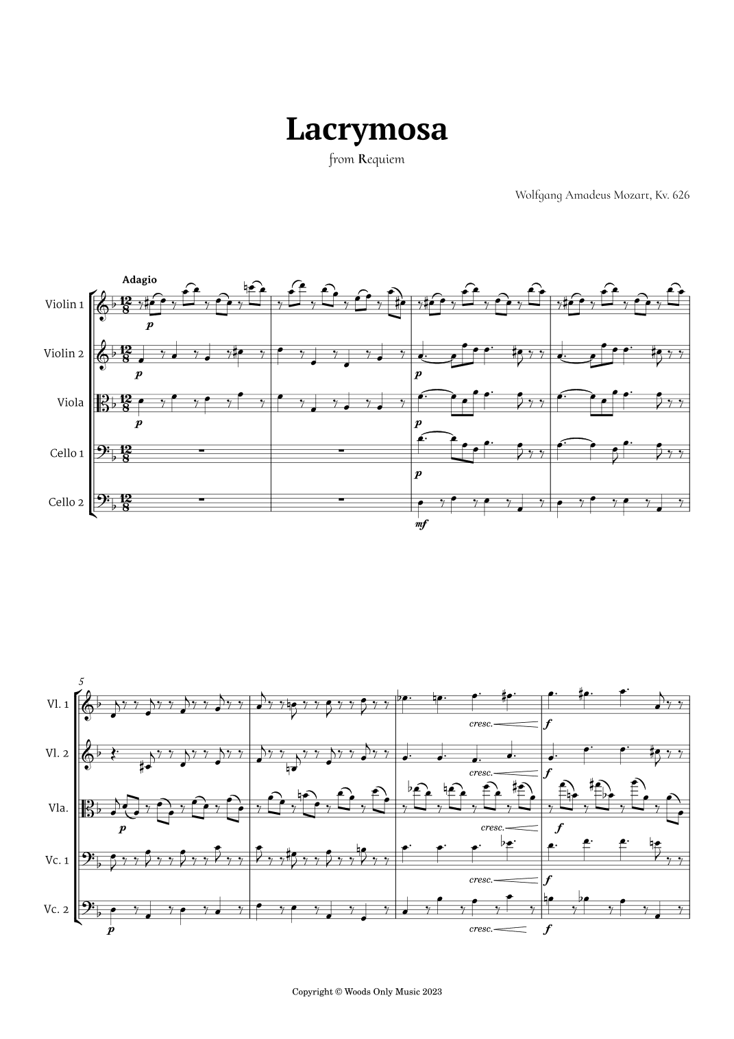 Lacrymosa by Mozart for String Quintet (arr. Ander)