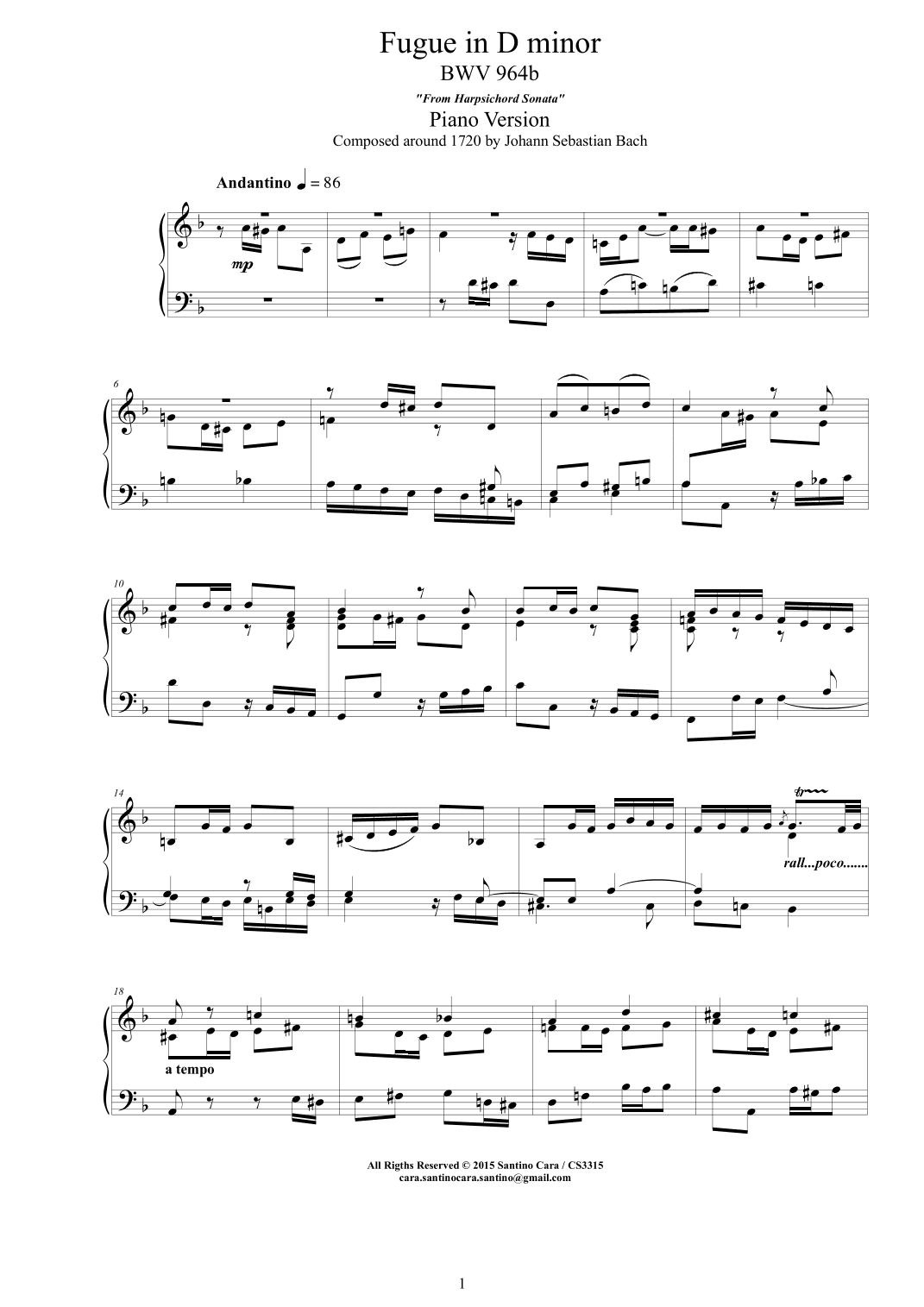 Bach - Fugue in D minor BWV 964b - Piano version (arr. Santino Cara)