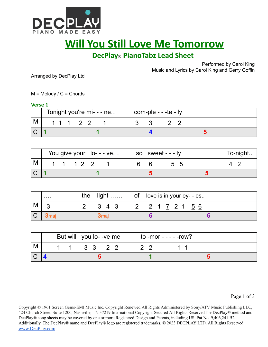 Will You Love Me Tomorrow (will You Still Love Me Tomorrow) (arr. DecPlay Ltd)