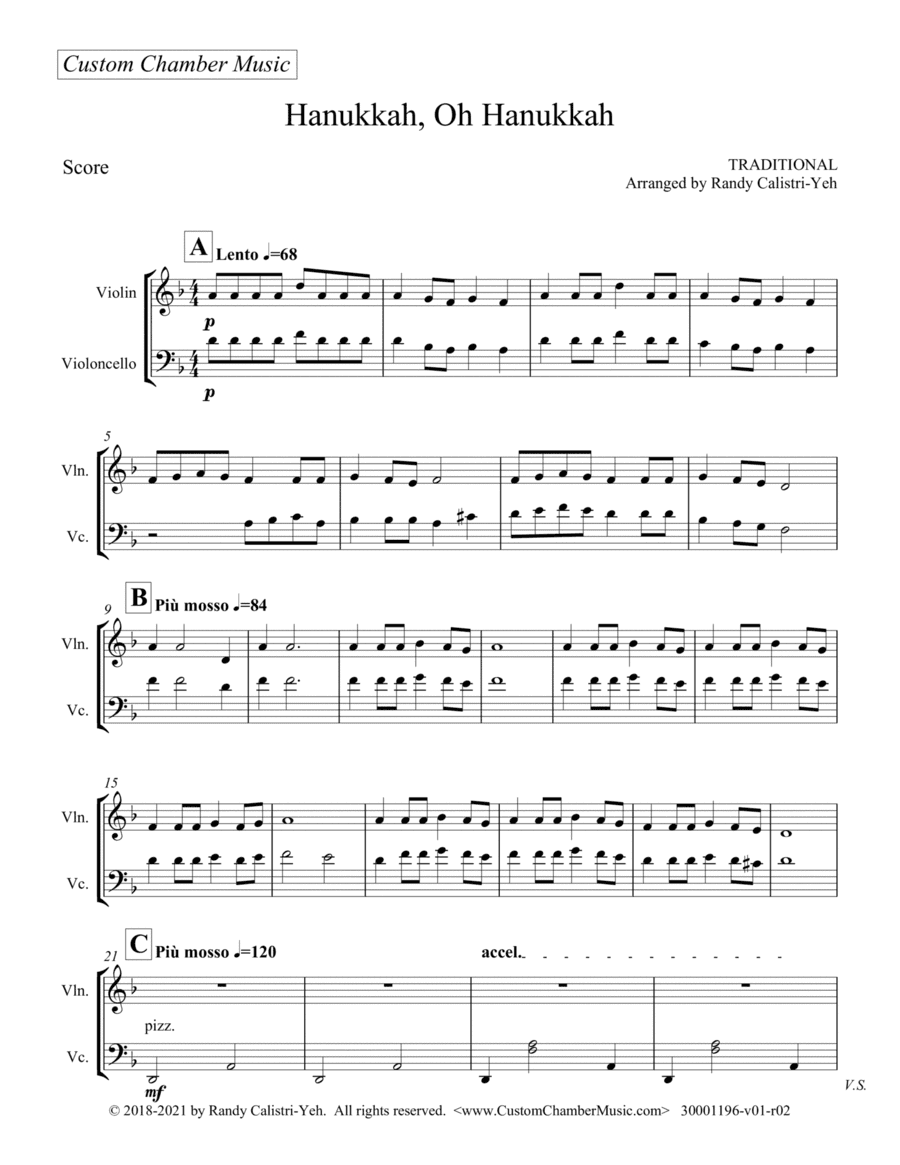 Hanukkah, Oh Hanukkah (violin/cello duet) (arr. Randy Calistri-Yeh)