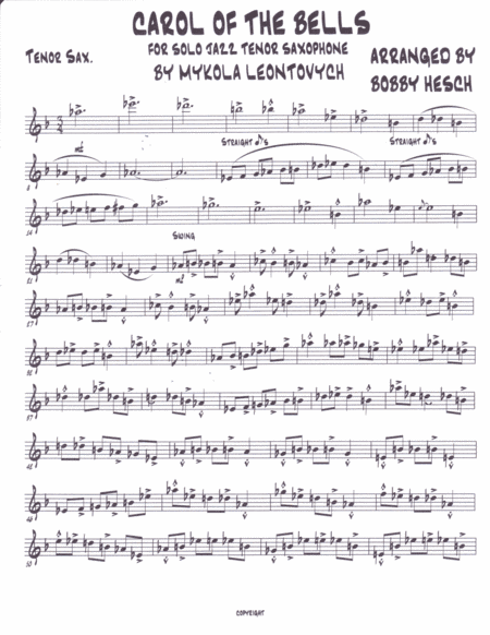 Carol Of The Bells For Solo Jazz Tenor Saxophone (arr. Bobby Hesch)