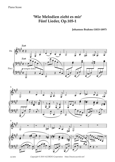 'Wie Melodien zieht es mir (It moves like a melody)' Op.105-1 for Horn & Piano (arr. Kamada, Mikio)