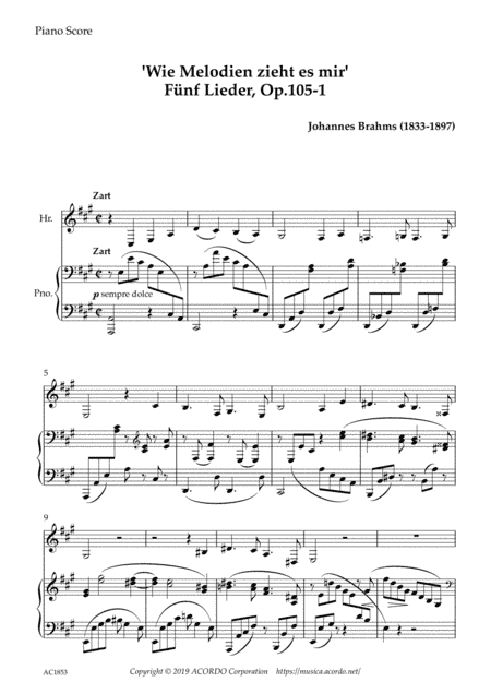 'Wie Melodien zieht es mir (It moves like a melody)' Op.105-1 for Horn & Piano (arr. Kamada, Mikio)