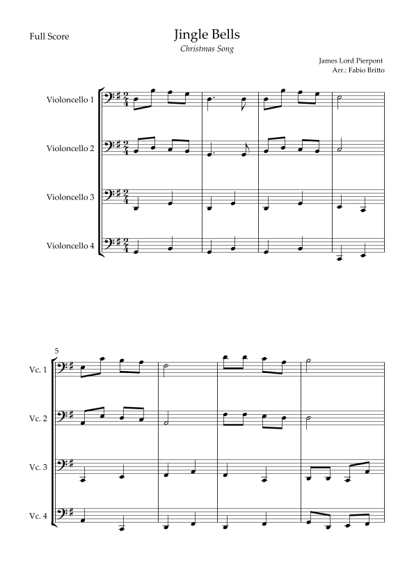 Jingle Bells (Christmas Song) for Cello Quartet (arr. Fabio Britto)