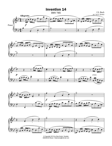 Invention No. 14, Bb Major for piano solo (arr. K. Krantz)
