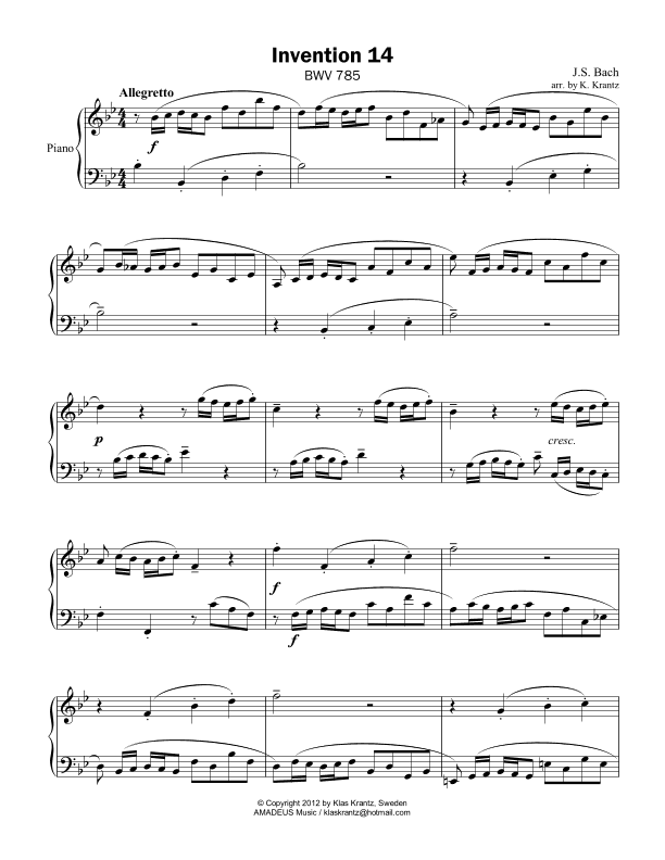 Invention No. 14, Bb Major for piano solo (arr. K. Krantz)