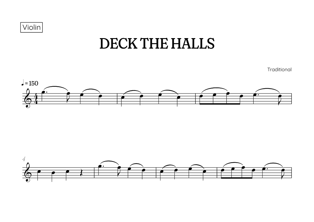 Deck the Halls for violin • easy Christmas song sheet music (arr. Benzaiten Editions)