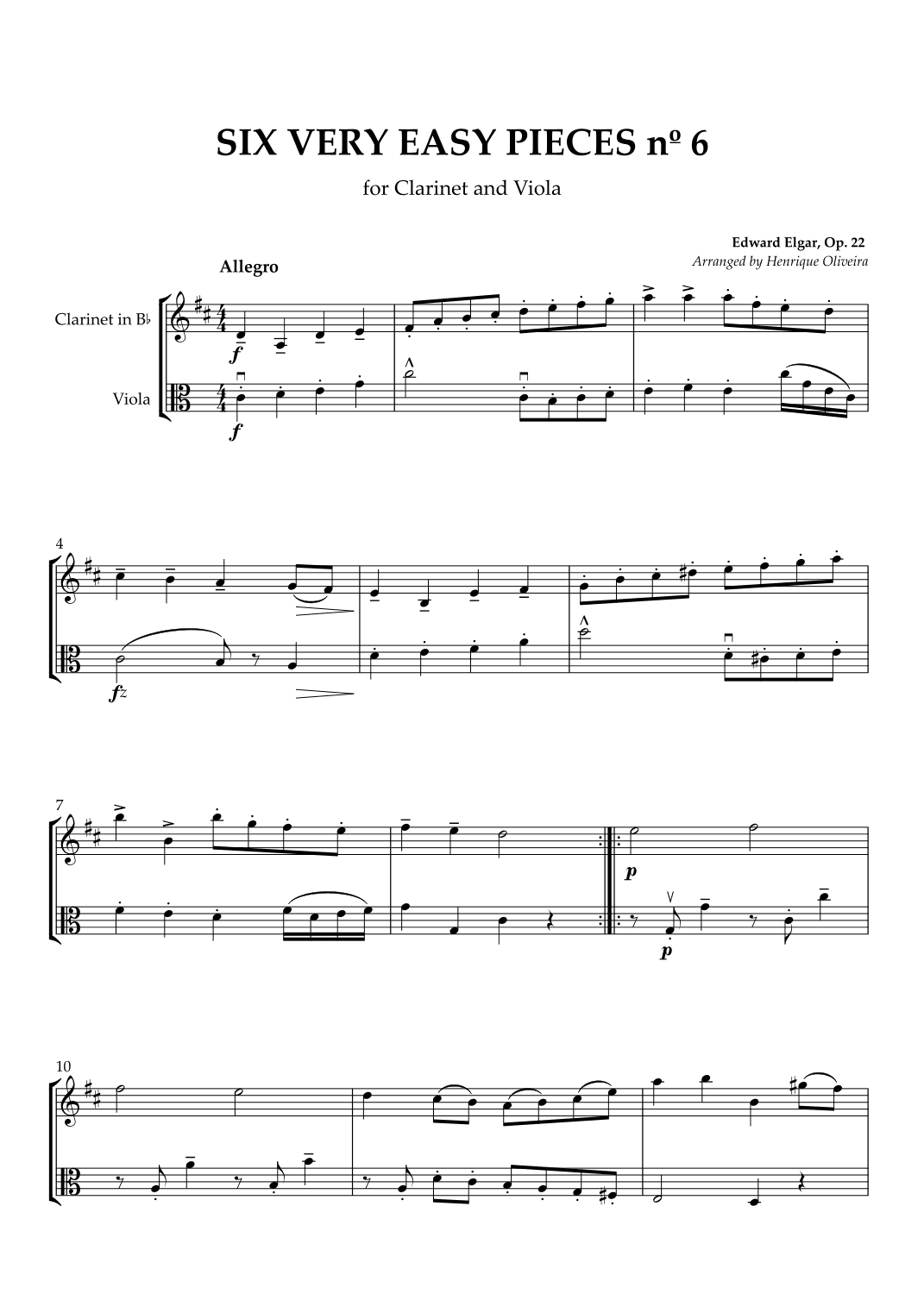 Six Very Easy Pieces nº 6 (Allegro) - Clarinet and Viola (arr. Henrique Oliveira)