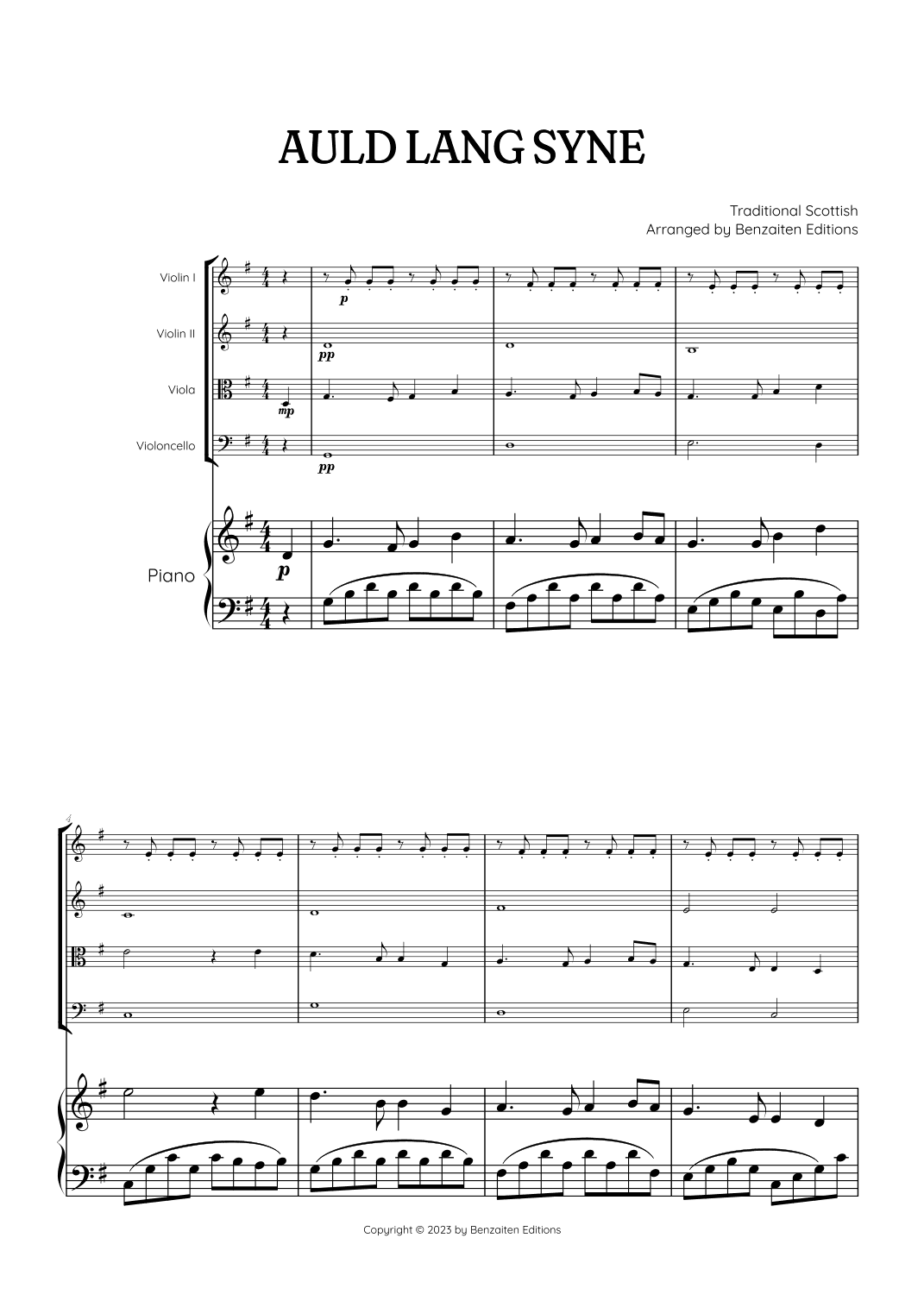 Auld Lang Syne • New Year's Anthem | String Quartet & Piano Accompaniment sheet music (arr. Benzaiten Editions)