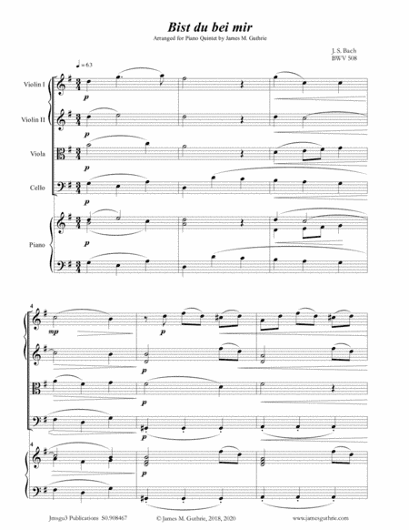 Bach: Bist du bei mir BWV 508 for Piano Quintet (arr. James M. Guthrie)