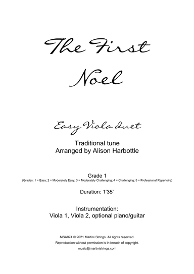 The First Noel - Christmas Carol, easy viola duet (arr. Alison Harbottle)