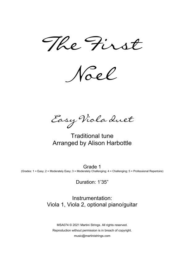 The First Noel - Christmas Carol, easy viola duet (arr. Alison Harbottle)