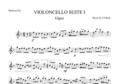 Gigue from Violoncello Suite I by J.S.Bach for Baritone Saxophone (arr. The Sheet Music Library)