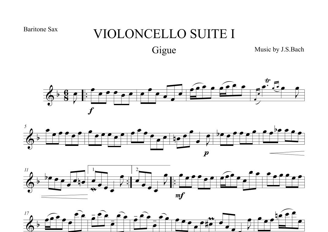 Gigue from Violoncello Suite I by J.S.Bach for Baritone Saxophone (arr. The Sheet Music Library)