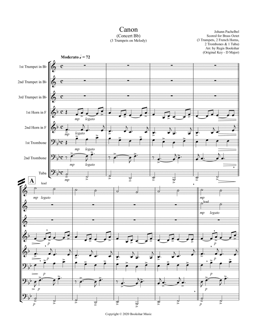 Canon (Pachelbel) (Bb) (Brass Octet - 3 Trp, 2 Hrn, 2 Trb, 1 Tuba) (3 Trp lead) (arr. Regis Bookshar)