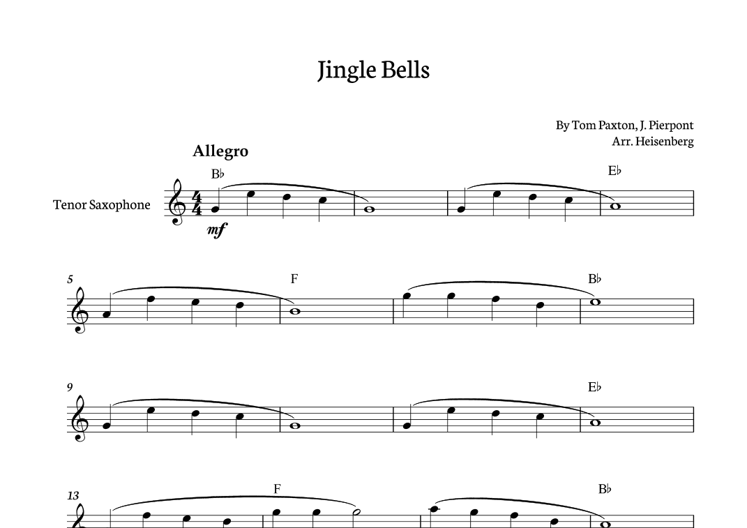 Jingle Bells for Tenor Saxophone with chords (arr. Heisenberg)