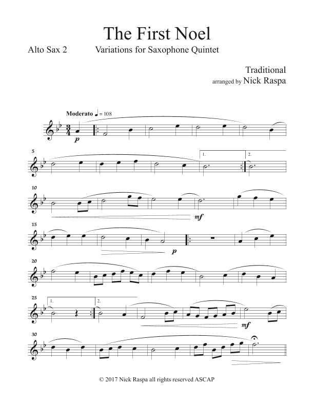 The First Noel - Variations for Sax Quintet (SAATB) Alto Sax 2 part (arr. Nick Raspa)