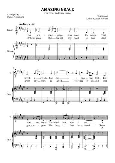 Amazing Grace (for tenor vocal with easy piano) (arr. Daniel Nakamura)