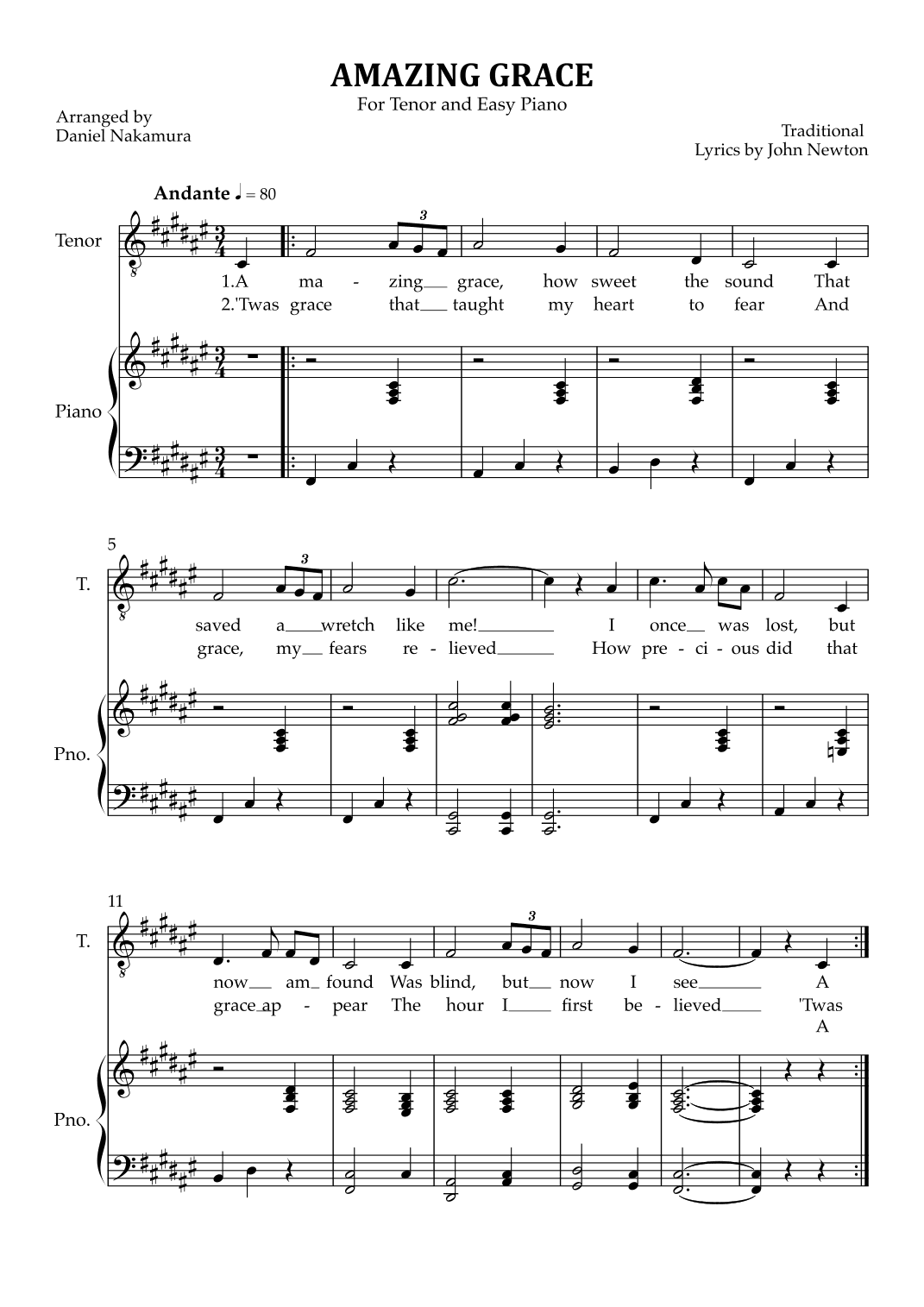 Amazing Grace (for tenor vocal with easy piano) (arr. Daniel Nakamura)