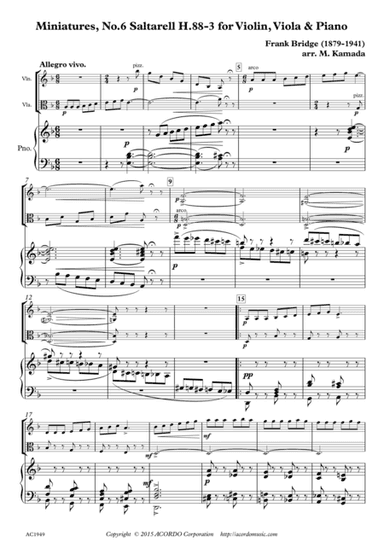 Miniatures, No.6 Saltarell H.88-3 for Violin, Viola & Piano (arr. Mikio Kamada)