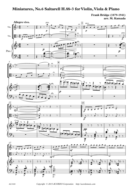 Miniatures, No.6 Saltarell H.88-3 for Violin, Viola & Piano (arr. Mikio Kamada)
