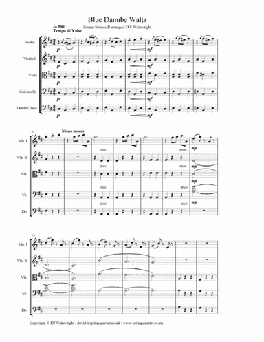 Blue Danube by Johann Strauss II arranged for string quartet with score & parts with rehearsal lette (arr. D F Wainwright)