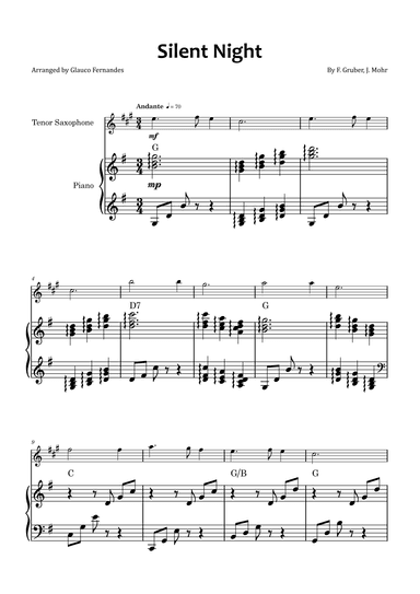 Silent Night - Tenor saxophone and piano with chord symbols (arr. Glauco Fernandes)