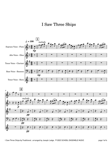 I Saw Three Ships for Woodwind Quartet in Schools (arr. Joseph Judge)