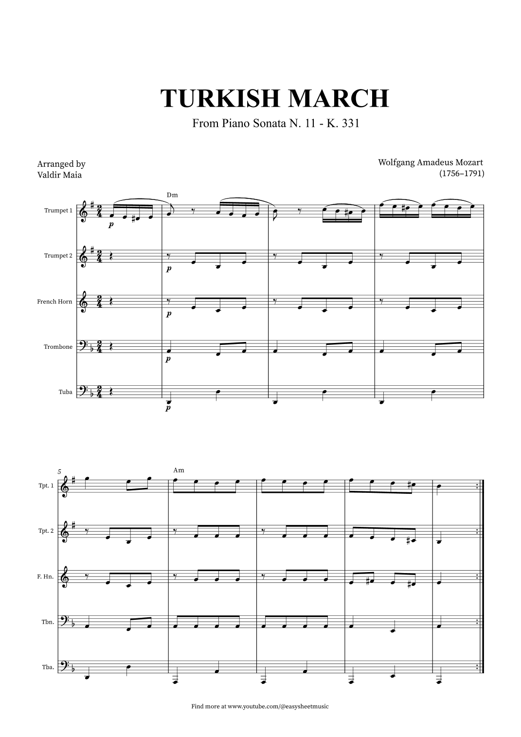 Turkish March - Brass Quintet + CHORDS (arr. Valdir Maia)