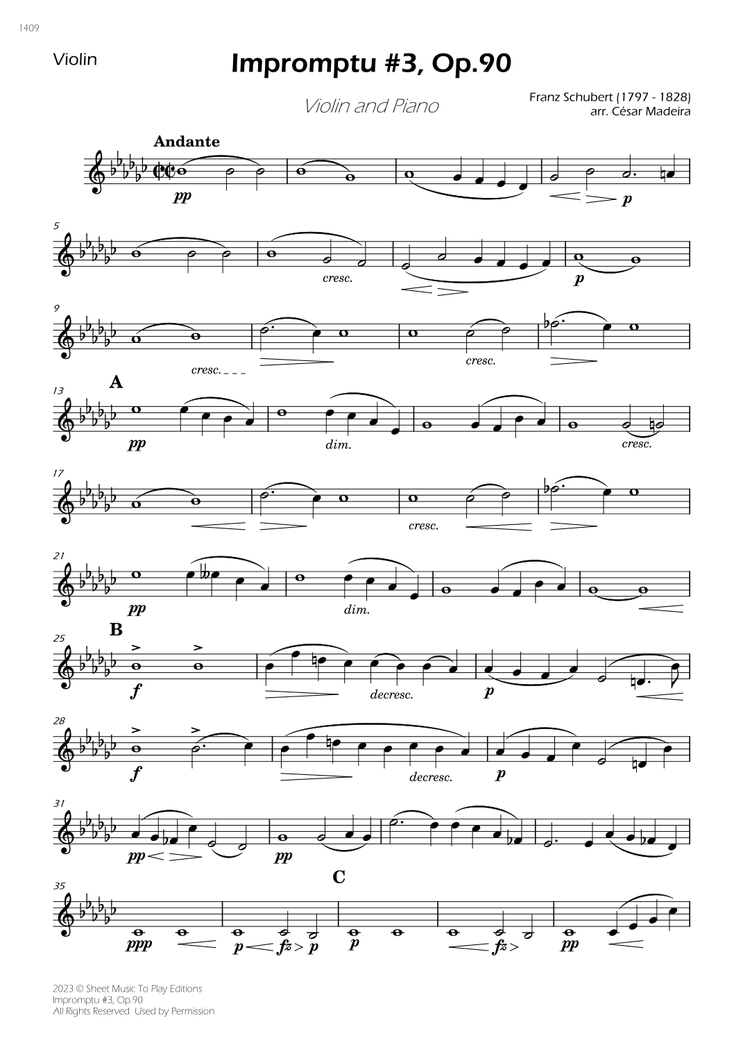 Impromptu No.3, Op.90 - Violin and Piano (Individual Parts) (arr. César Madeira)