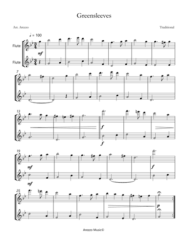 Greensleeves Flute duo Celtic Traditional Sheet Music (arr. Arezzo Music)