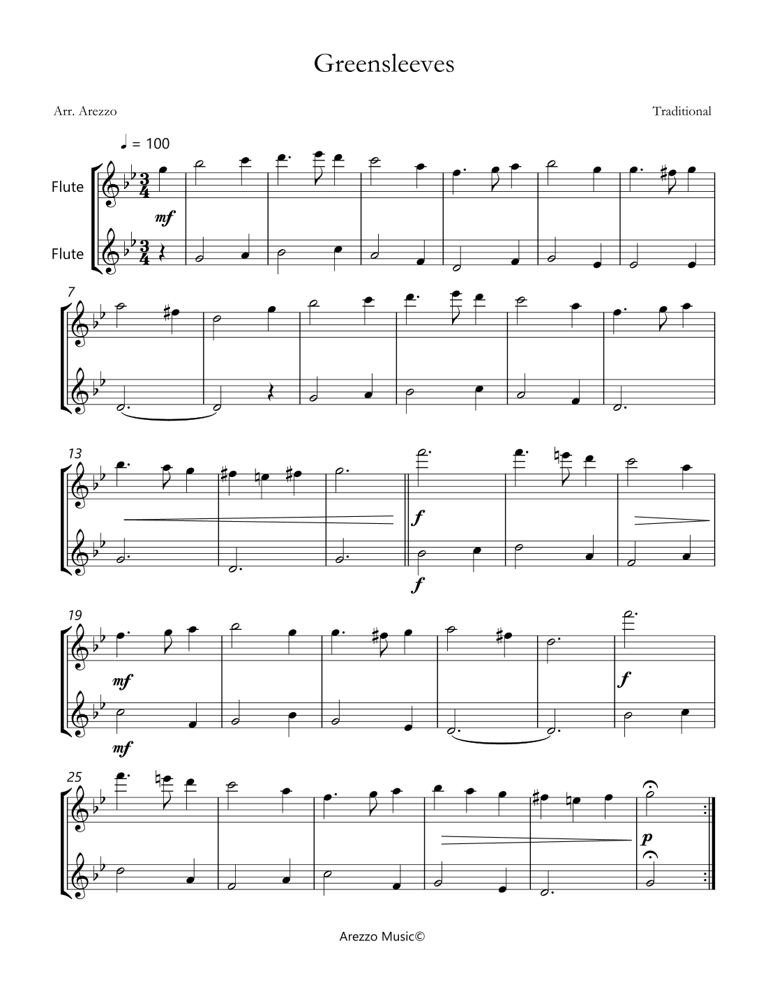 Greensleeves Flute duo Celtic Traditional Sheet Music (arr. Arezzo Music)