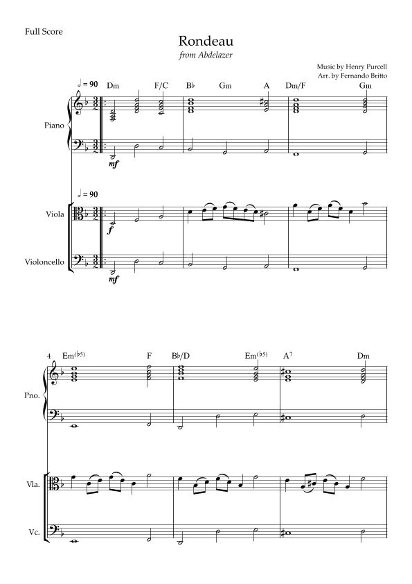 Rondeau (from Abdelazer) for Viola & Cello Duo and Piano Accompaniment with Chords (arr. Fernando Britto)