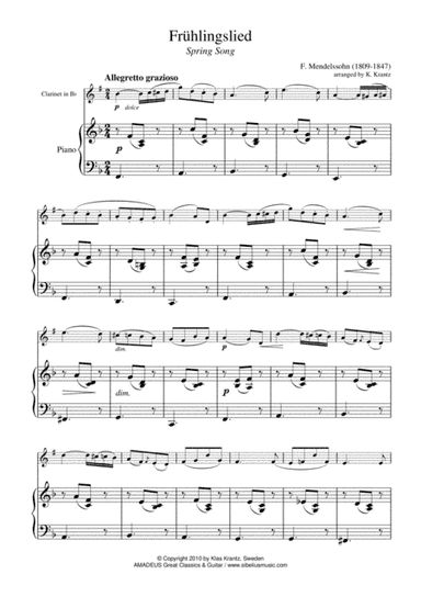 Fruhlingslied, Lieder ohne Worte Op. 62, Spring Song for clarinet in Bb and easy piano (arr. Amadeus Music)