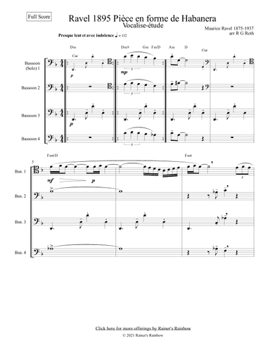 Ravel Vocalise Etude En Form Habanera Bassoon Quartet (arr. R G Roth)