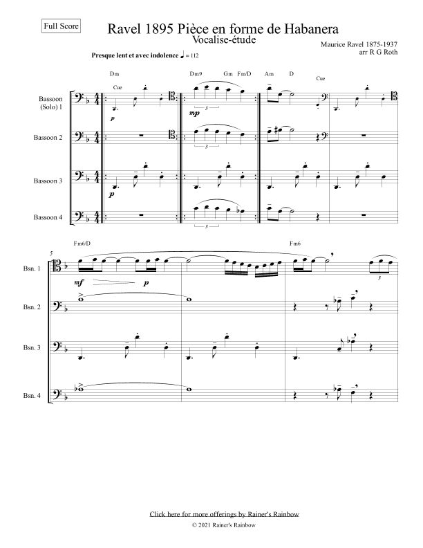 Ravel Vocalise Etude En Form Habanera Bassoon Quartet (arr. R G Roth)