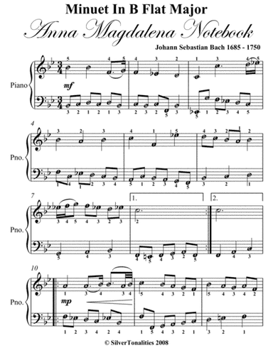 Minuet In B Flat Major Anna Magdalena Notebook Easy Piano Sheet Music (arr. SilverTonalities)