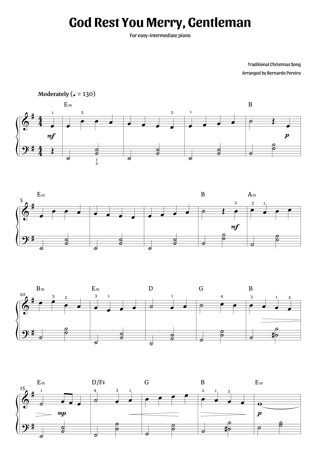 God Rest You Merry, Gentleman (easy-intermediate piano – E minor) (arr. Bernardo Pereira)