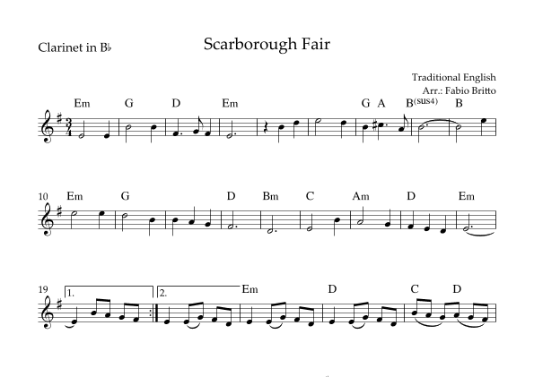 Scarborough Fair for Clarinet in Bb Solo with Chords (arr. Fabio Britto)