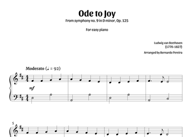 Ode To Joy (easy piano – clean sheet music) (arr. Bernardo Pereira)