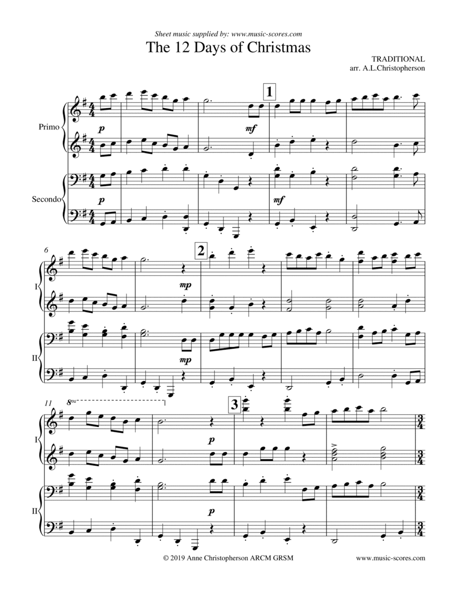 The 12 Days of Christmas - Piano Duet - G major (arr. Anne L Christopherson GRSM ARCM)