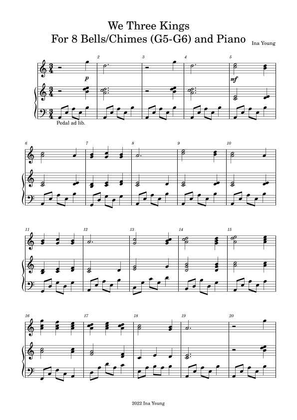 We three Kings for Bells/Chimes (G5-G6) and Piano (arr. Ina Young)