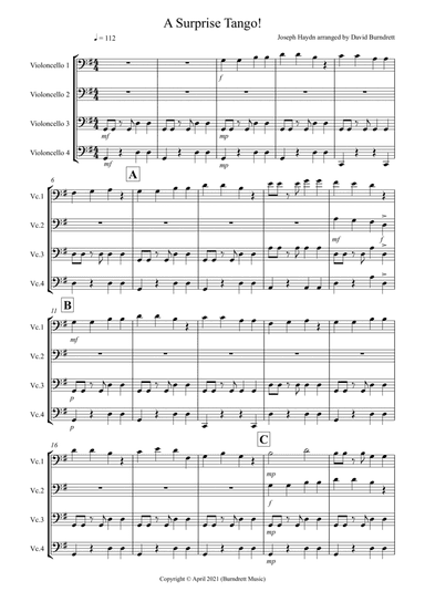 A Surprise Tango! for Beginning and Advanced Cello Quartet (arr. David Burndrett)