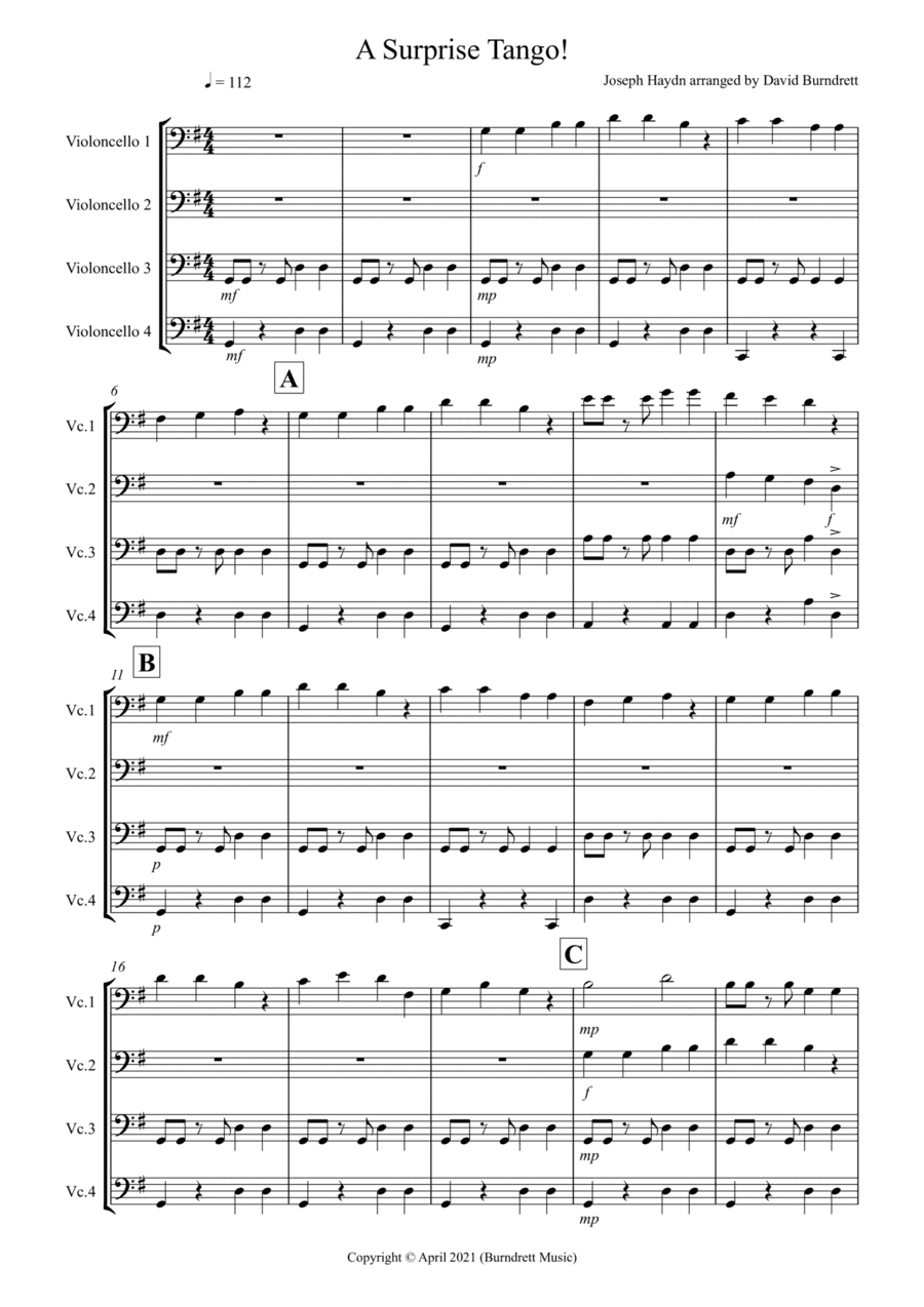 A Surprise Tango! for Beginning and Advanced Cello Quartet (arr. David Burndrett)