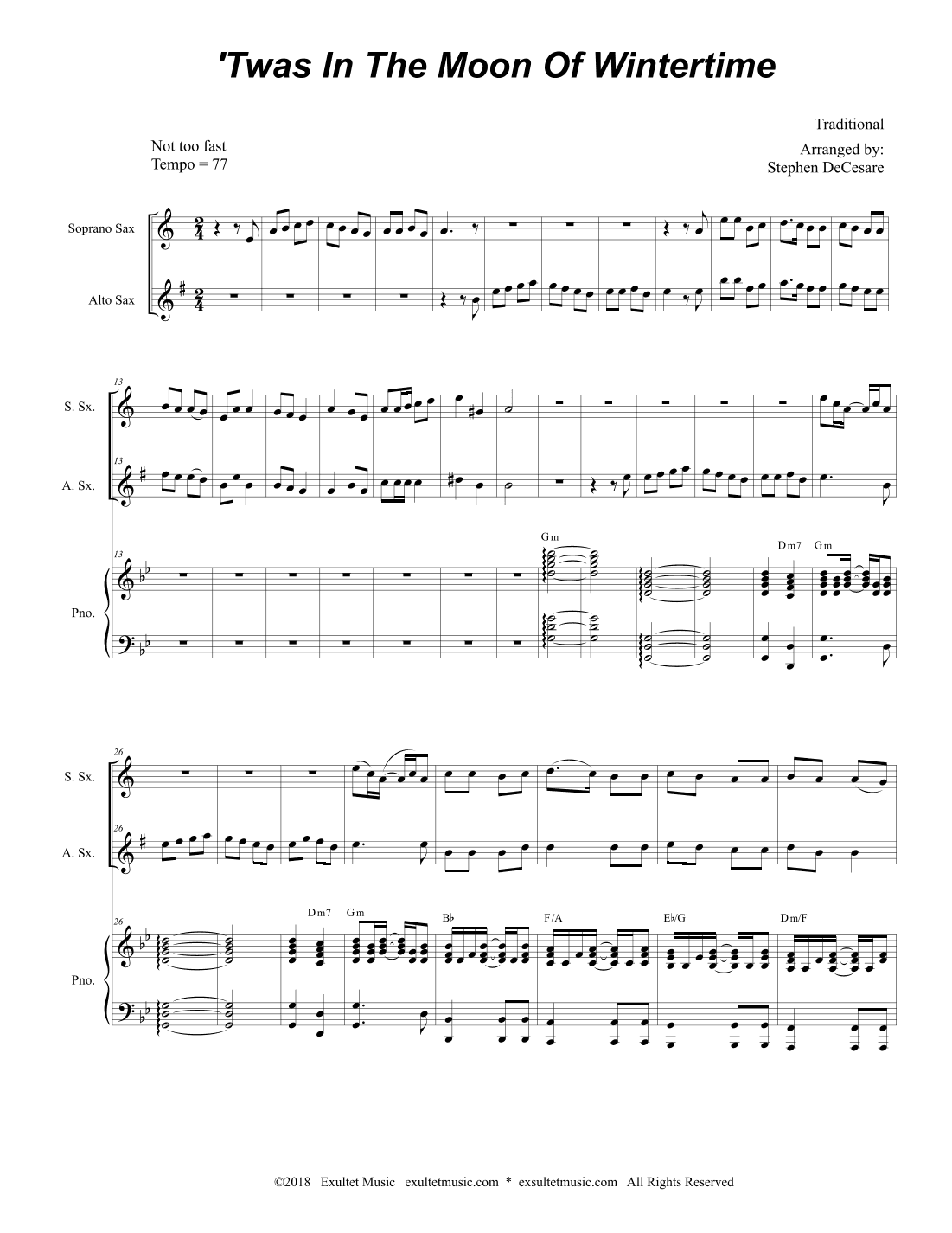 'Twas In The Moon Of Wintertime (Duet for Soprano and Alto Saxophone) (arr. Stephen DeCesare)