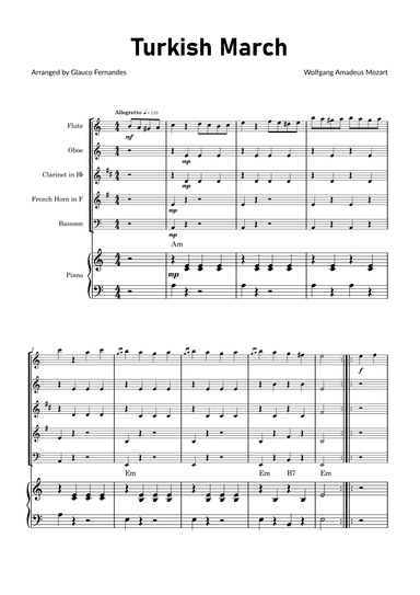 Turkish March by Mozart - Woodwind Quintet with Piano and Chord Notations (arr. Glauco Fernandes)