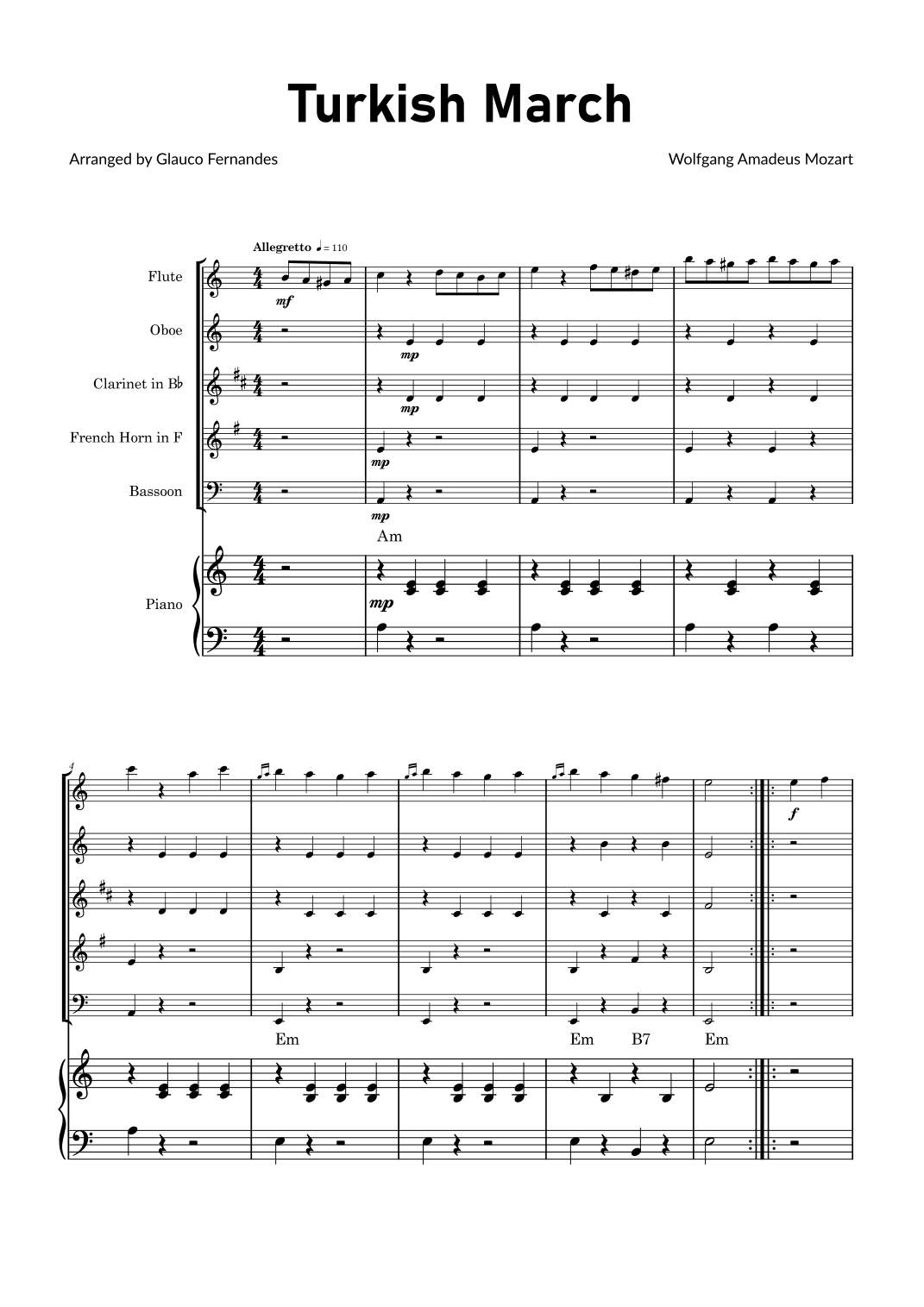 Turkish March by Mozart - Woodwind Quintet with Piano and Chord Notations (arr. Glauco Fernandes)