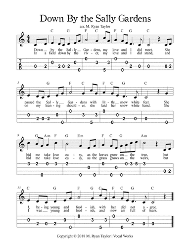 Down by the Sally Gardens : Easy Ukulele Tablature with Lead Sheet & Chords (arr. M. Ryan Taylor)