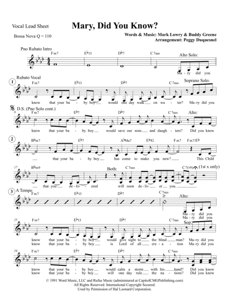 Mary, Did You Know? (arr. Peggy Duquesnel, Duquesnel Music Publishing. ASCAP)