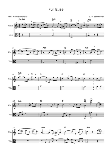 Fur Elise - Beethoven Violin and Viola (Score and Chords) v2 (arr. Marival Moreira)